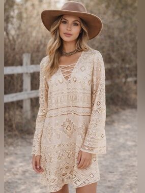 CHELSEA & VIOLET Cream Gold Sequin V-Neck Long Bell Sleeves Mini Dress M